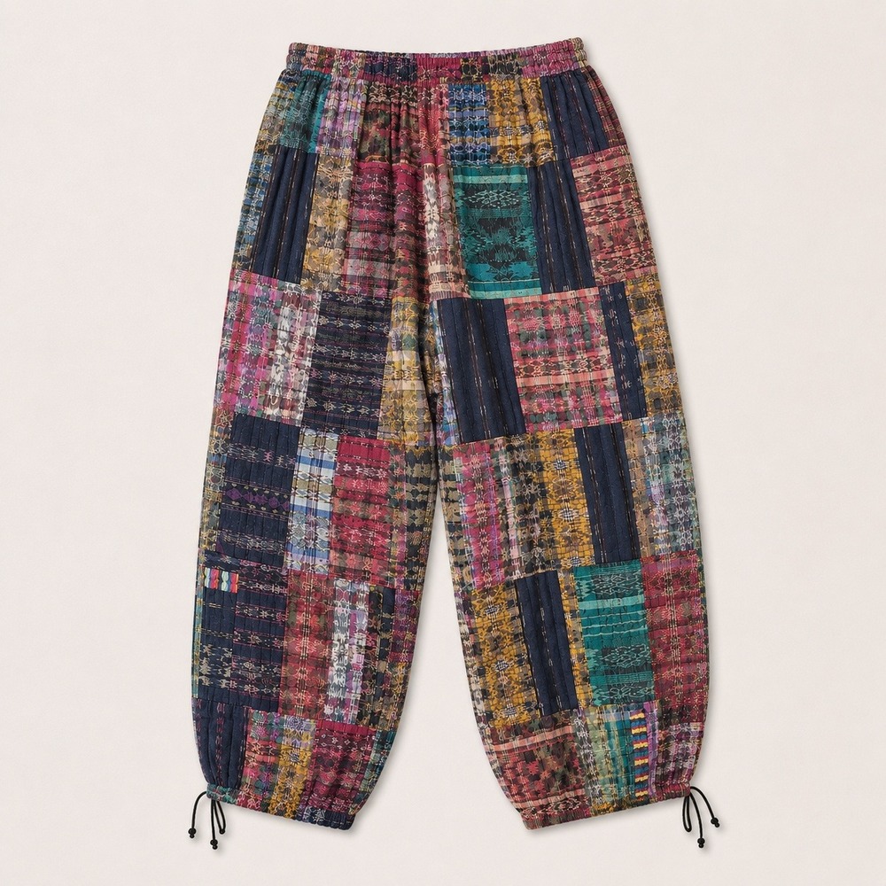 vtg 90s Boho Distressed‎ Patchwork Harem Pants Woven Festival Joggers Rainbow L